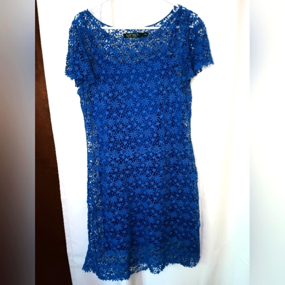 Lauren Ralph Lauren Crochet Dress Large Cobalt Blue Fitted Lined Flounce Sleeve
